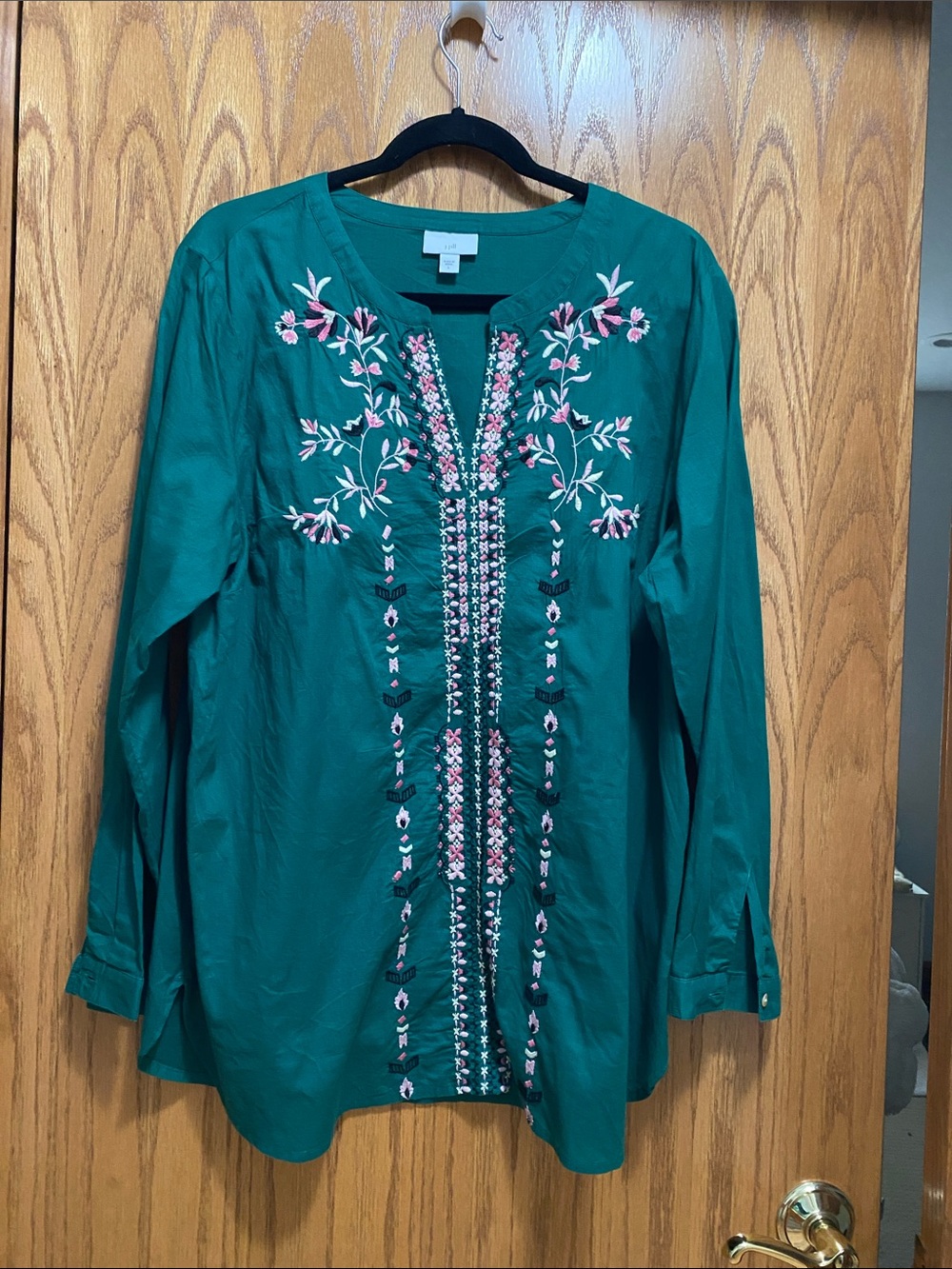 J. Jill Teal Embroidered Tunic Top with Pink Floral Detail